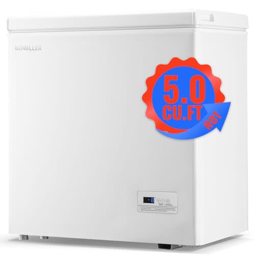 DEMULLER 5.0 CU.FT Deep Freezer Top Open Door Compact Freezer Chest Freezer with Removable Storage Basket for Home Kitchen Garage White