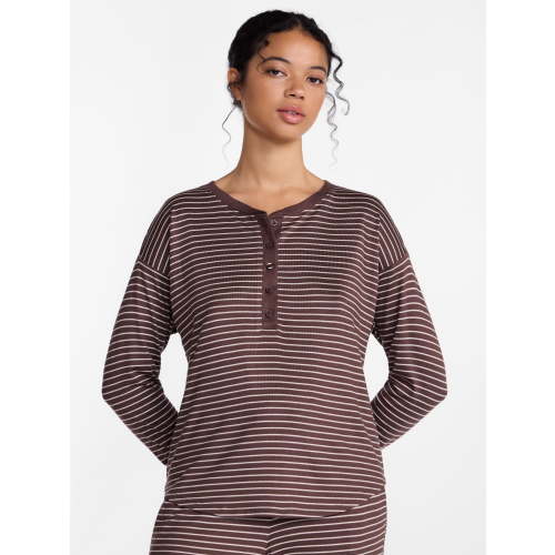 Joyspun Women's Cozy Lounge Collection Hacci Long Sleeve Henley Sleep Top, Sizes XS to 3X