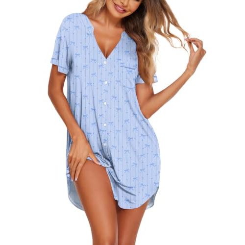 Ekouaer Nightgowns for Women Button Down Night Gown Short Sleeve Sleepshirt | V Neck Nightshirt Soft Sleepwear Pajams Dress for Night, Sleep, Bedroom, Labor, Delivery, Maternity, Nursing, Hospital