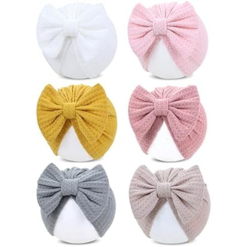 Cinaci 6 Pack Nursery Hospital Caps Bonnets Beanies Headwraps Turban Hats with Bow for Baby Girls Newborns Infants Toddlers