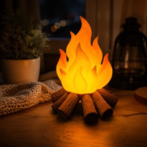Campfire LED Night Light, Bonfire Flame Table Lamp, Cozy Cabin Decor, Amber Light