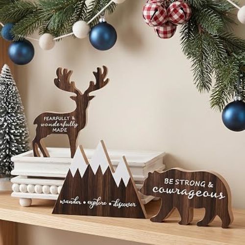 Jetec 3 Sets Woodland Animal Figurines and Wooden Mountain Table Signs