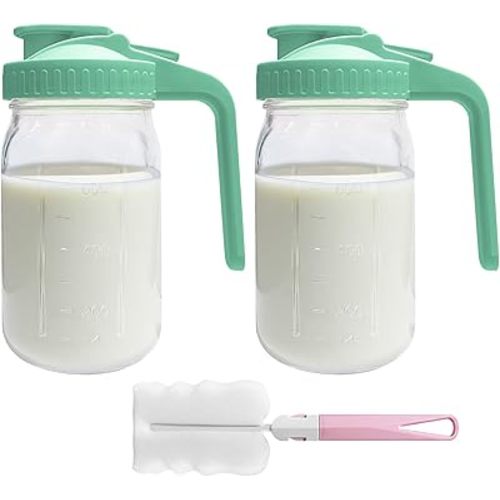 2 PACK Breast Milk Pitcher 32OZ Glass Breastmilk Pitcher with Lids Leak-proof Wide-mouth Storage Jars for Breastmilk, Resistant to Heat or Cold, Freezer-safe (Green)