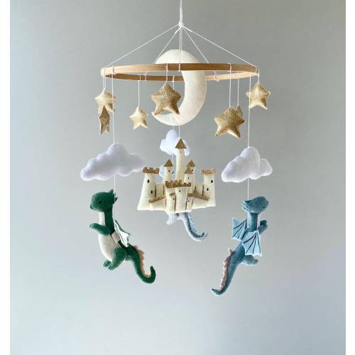 Dragon baby mobile, castle mobile, baby crib mobile for nursery, fantasy mobile, moon and stars mobile