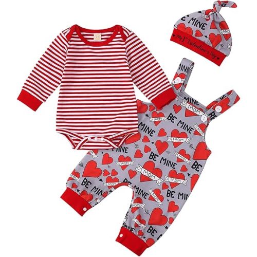 Baby Boy Valentine's Day Outfit Long Sleeve Romper Heart Letter Suspender Pants with Hat Outfits Clothes Set