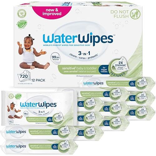 WaterWipes Sensitive+ Baby & Toddler Wipes, 3-In-1 Cleans, Cares, Protects, 99.9% Water, Textured Clean, Unscented & Hypoallergenic, 720 Count (12 Packs)