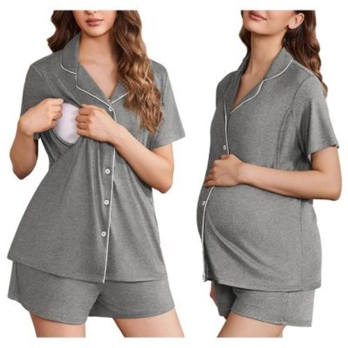 Ekouaer Women's Maternity Nursing Pajama Sets Button Down Postpartum Pajamas Short Sleeve Breastfeeding Clothes&nbsp;Middle Grey&nbsp;L