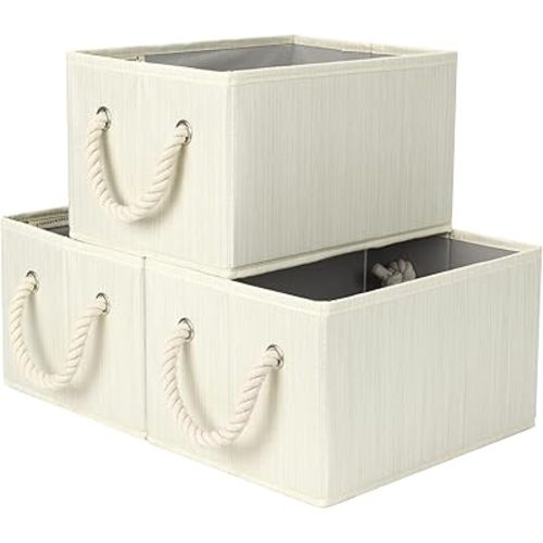 StorageWorks Storage Baskets for Shelves, Foldable Fabric Closet Storage Bins with Handles, Fabric Storage Bins Clothes Organizer, Beige, White & Ivory, 3-Pack, Small