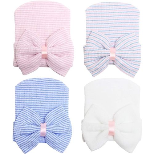 Zando Newborn Hospital Hat Toddler Beanie Baby Boy Girl Knot Headbands with Big Bows Infant Baby Nursery Caps White & Blue & Pink & Pink Blue White One Size