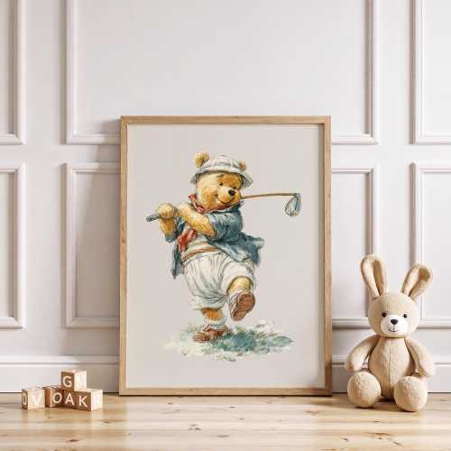Classic Winnie the Pooh Watercolor Print, Golf, Sports Nursery Decor (Digital Download)