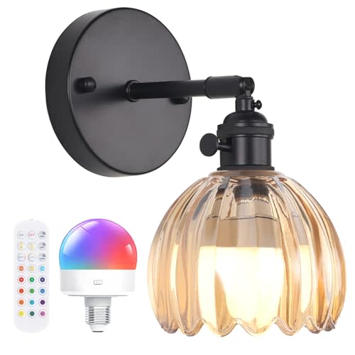 Shenmoyl Vintage Battery Operated Wall Sconce with Cute Amber Tulip Glass Lampshade Wireless Rechargeable Battery Powered Black Wall Light with Remote Control for Bedside Bedroom Doorway