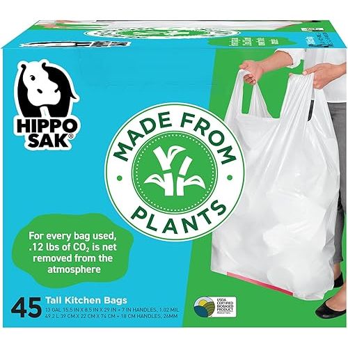 Hippo Sak - Plant Based Tall Kitchen Garbage Bags with Ergonomic Handles - 13 Gallon Trash Bags - Recyclable & Reduced Carbon Footprint - Super Strong and Leak Proof Tall Kitchen Trash Bags (45 Count)