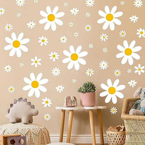 TaoBary 165 Pieces 15 Sheet Large Daisy Wall Decals Flower Stickers Vinyl Peel and Stick Floral Decal Daisy Wall Decor for Nursery Playroom Bedroom Living Room(Cute)