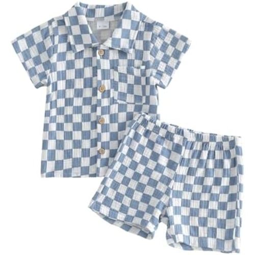 Baby Boy Summer Outfit Checkered Plaid Short Sleeve Button Down Shirt Top Shorts Set Toddler Checkerboard Outfit