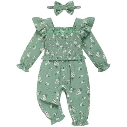 GRNSHTS Baby Girl Floral Romper Smocked Jumpsuit Fall Winter Outfits