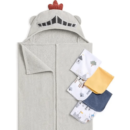 Evolur Good Knight 6 pc Baby Gift Set, Includes Hooded Towel & 5pc Wash Cloths, Soft and 100% Cotton Woven, for Newborn, Infants and Toddlers 0-9 Months