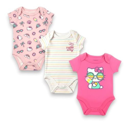 Hello Kitty Infant Girls' 3-Piece Short Sleeve Bodysuit Set, Pink, 3 Months