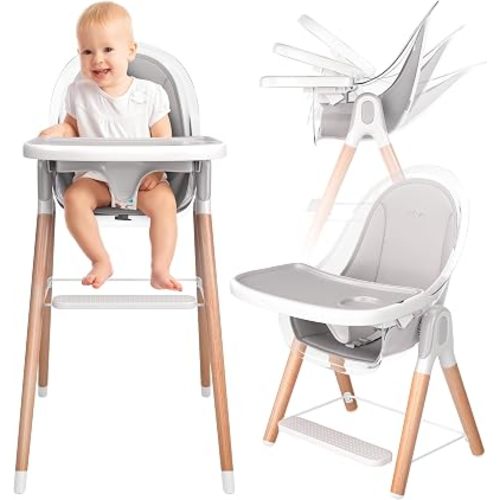 6 in 1 Deluxe Wooden High Chair for Babies & Toddlers, Modern Safe & Compact Baby Highchair, Easy to Clean & Assemble Removable Tray & Cushion, 6 Options 3 Seat Positions 2 Heights