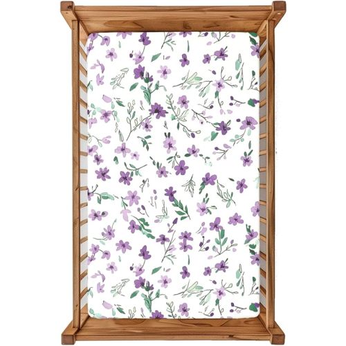 Flower theme Fitted Crib Sheet,28"x 52" Baby Bedding with Soft Fabric - Breathable Material for Nursery Decor - Durable and Machine Washable,Sage Decorative Pattern &Purple Green