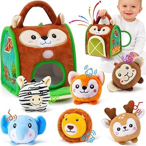 Soft Baby Sensory Toys - Squirrel Barn with 6 Stuffed Zoo Animals - Rattles, Crinkles, Squeak, Mirror - Montessori Toys for 6-12 Months Infant & 1-3 Years Toddlers Gifts & Travel Toy