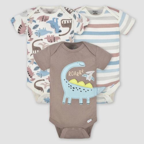 Gerber Baby 3pk Dino Short Sleeve Onesies - White/Brown