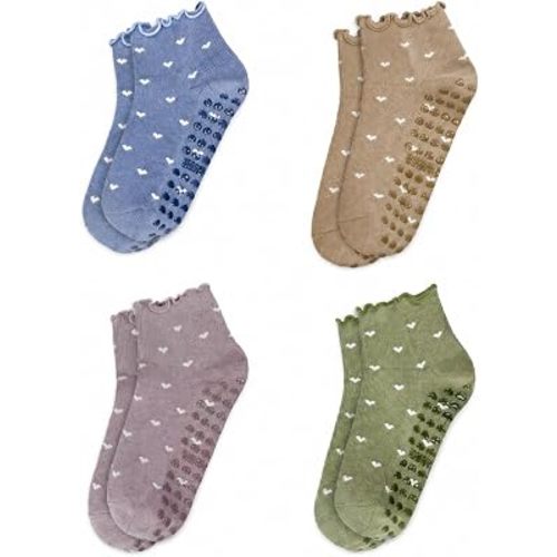 Cute Yoga Socks for Women, Non Slip Grip Pilates Barre Crew Socks with Heart Bow, US Size 5-9