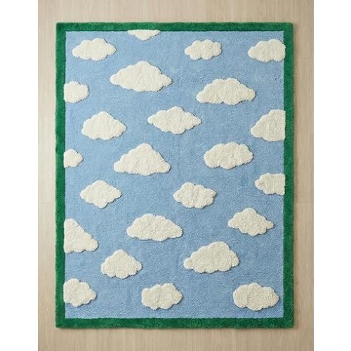 Hand-Tufted Cloud Pattern Wool Area Rug, Sky Blue & Ivory Raised Cut-Pile Design with Green Border, Soft Plush & Durable Carpet for Kids Room, Living Room & Playroom (Sky Blue, 6' x 9')
