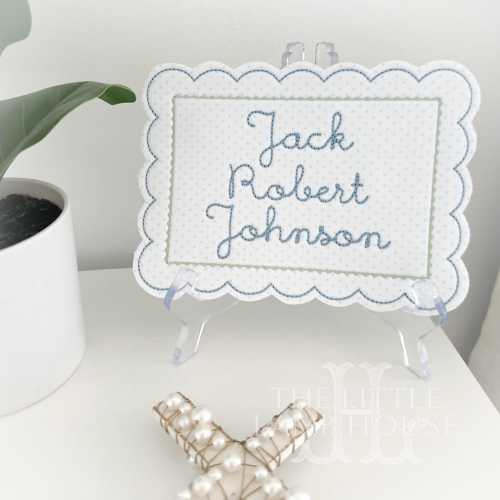 Personalized Baby Blue and Green Dot Name Plaque– 5x7 Embroidered Appliqué Sign – Blue Dot Fabric,  Grandmillennial Nursery Announcemen