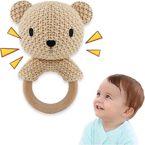 Teddy Bear Baby Rattle Toy 0-6 Months Crochet Knitted Plush Stuffed Animal Teether Natural Wood Ring Cute Bear Baby Gift Gentle Sound Shaker for Newborn Infant Crib Soothing Sleep Aid Gift