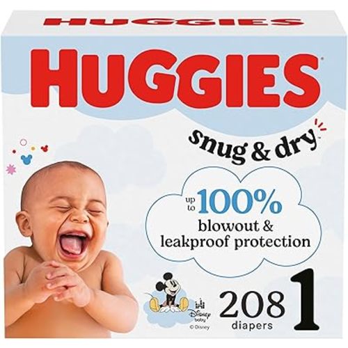Huggies Size 1 Diapers, Snug & Dry Newborn Diapers, Size 1 (8-14 lbs), 208 Count, Packaging May Vary