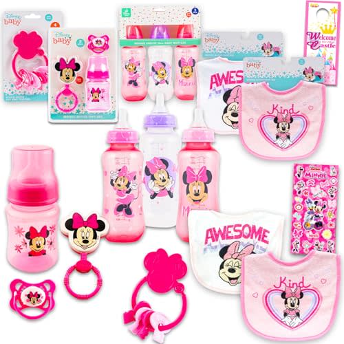 Disney Minnie Mouse Baby Gift Set, Baby Shower Gifts Girls - 10 Pc Newborn Essentials Bundle with Bibs, Bottles, Teether, Scrapbook Stickers, More | Minnie Baby Shower Gift Set