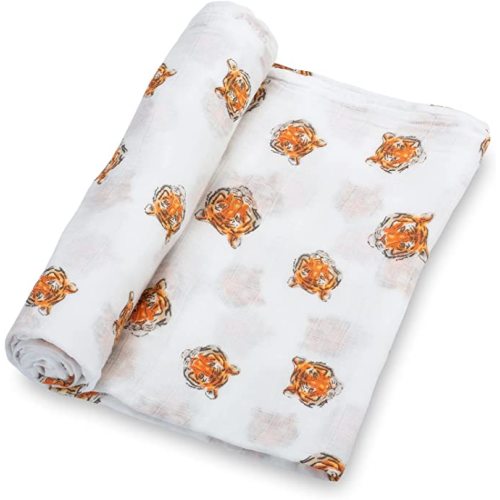 LollyBanks 100% Cotton Muslin Swaddle Blanket, Large 47 x 47 Inches, Tiger Theme, Orange, Modern Animal Print, Breathable and Lightweight, Baby Care, 1 Count