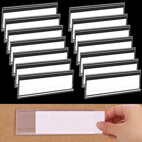 60 Pcs Shelf Labels - 3 x 1 Inch Drawer Labels with 60 Pcs White Paper Tags, Plastic Holders, Clear Adhesive for Storage, Bookshelf, Mailbox