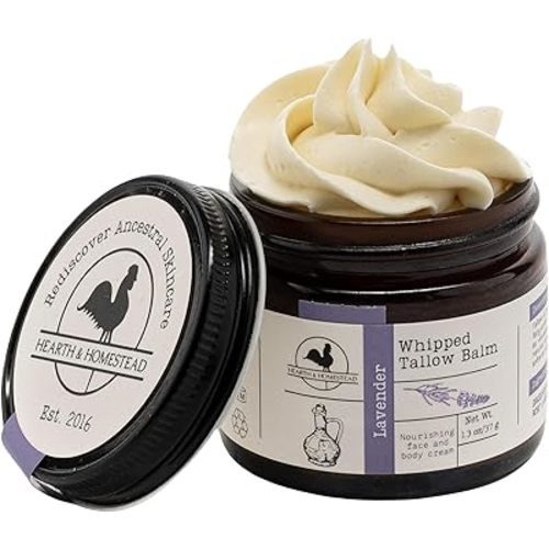 Hearth and Homestead: Handmade Whipped Tallow Balm, Organic, Moisturizer, Body Butter with Infused Olive Oil, for Eczema, Rosacea, Baby (Lavender)