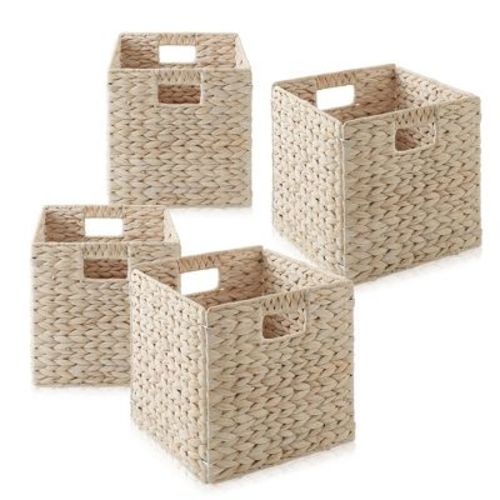 Casafield 10.5" x 10.5" Water Hyacinth Storage Baskets, Whitewash - Set of 4 Collapsible Cubes, Woven Bin Organizers for Bathroom, Bedroom, Laundry
