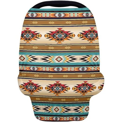 Nativa American Indian Tribal Aztec Stripe Geometry Print Nursing Cover Breastfeeding Scarf Southwest Red Pattern Baby Car Seat Covers, Infant Canopy Stroller Coverage for Girls Boys