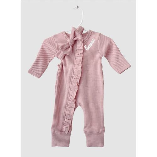 Newborn Girl Coming Home Outfit - Newborn Waffle Knit Ruffled Footie With Bow - Hospital Outfit for Baby Girls