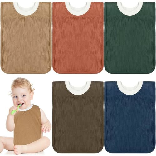 Newwiee 5 Pcs Large Muslin Pullover Baby Bibs Full Coverage Toddler Slip on Absorbent Bib Waterproof Toddler Towel Bibs (Stylish Color)
