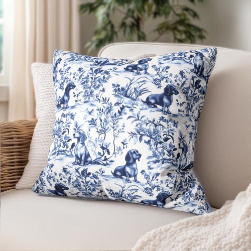 Dachshund French Toile Pillow Cover, Toile de Jouy Pillowcase French Country Decorative Sausage Dog Toile Cushion Cover Gift for Doxie Mom