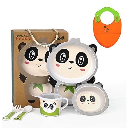 Kids Plate Bamboo Dishes for Kids Tableware Toddler Cutlery Kid Dinnerware Animal Baby Plate Bowl Cup with Bib