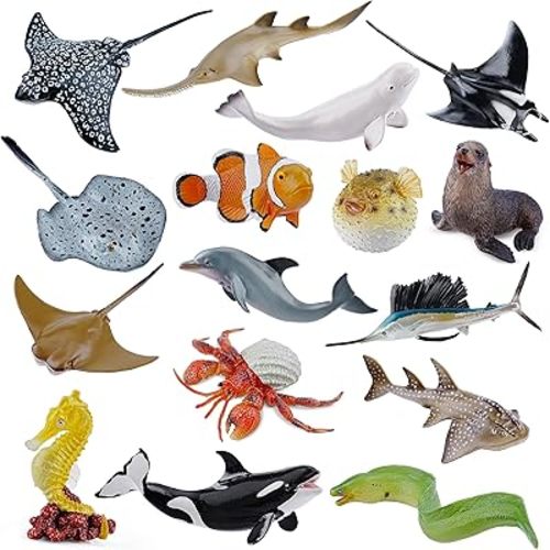 Toymany 16pcs Sea Animals Figurines with Fur Seal, Pufferfish, Clownfish, Hermit Crab Cake Toppers Easter Egg Christmas Birthday Gift Party Favor School Project for Kids Toddlers