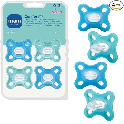 MAM Comfort Baby Pacifiers 0-3 Months Newborns, Lightweight One-Piece Full Silicone Binky, BPA-Free Nipple, Easy to Clean Pacifier, Best for Breastfed Babies, 4 Count, Made in Europe