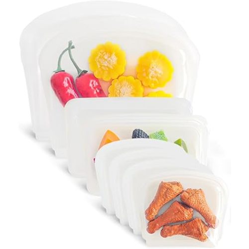 DGitaor Reusable Silicone Storage Bag, 8Pack Pocket, Snack, and Sandwich Bag, Endurables Seal-Top Silicone Bags for Food Storage, Freezer, Microwave, Oven, Dishwasher Safe (Clear)