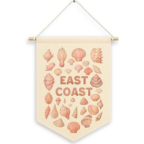Pink East Coast Seashell Girly Room Decor, Coastal Beach Ocean Kids Banner Canvas, Preppy Sea Nursery Wall Hanging Frame Decor Art Pennant Flag for Beachy Toddler Room Playroom Dorm 11x15in