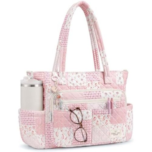 WOBAGMEN Teacher Tote Bag for Women, Quilted Floral Laptop Work Tote