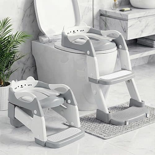 Orzbow Potty Training Seat, Toddler Toilet Seat with Step Stool Ladder, 2-in-1 Toddler Potty Training Toilet Chair for Kids Boys Girls - 5-Level Adjustable Height | Splash Guard | Anti Slip Pad, Grey