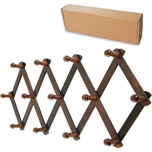 Wooden Wall Hanger Expandable Coat Rack Accordion Design 13 Peg Hooks Storage Caps,Purses,Hats,Scarves,Mug,Towels,Umbrella Accessories(Walnut Color)