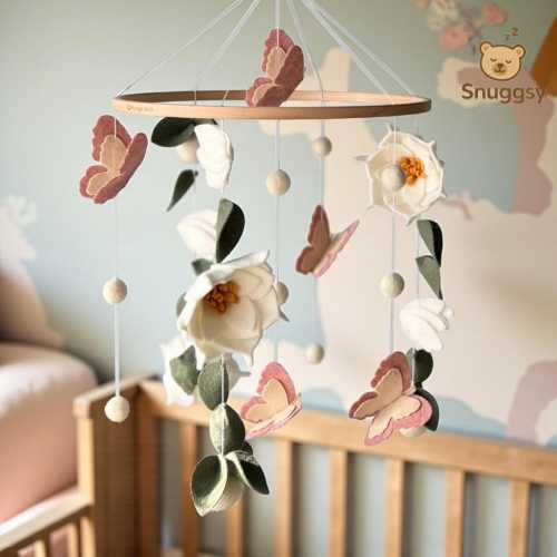 Flowers Baby Mobile: Butterfly with Green Floral Hanging Felt, Cot for Baby Girl Crib Nursery Decor