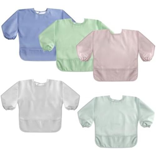 POIKSHARK 4 Pack Long Sleeve Bib, Reusable Bib with Catch-all Pocket