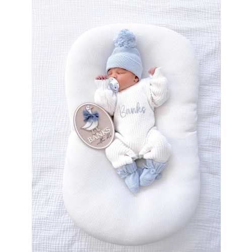 Baby boy personalized knit announcement outfit SET